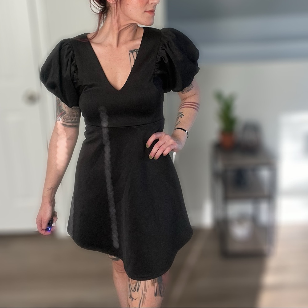 size small black puff sleeve cocktail dress